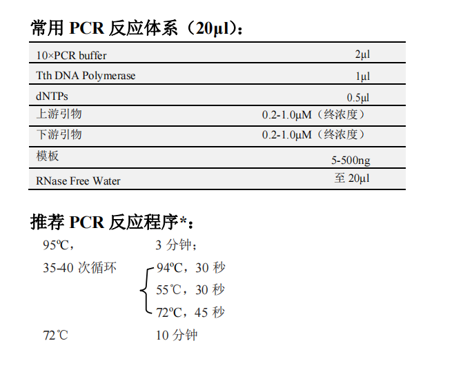 Tth DNA Polymerase 常用PCR反应体系（20μL）以及推荐PCR反应程序*